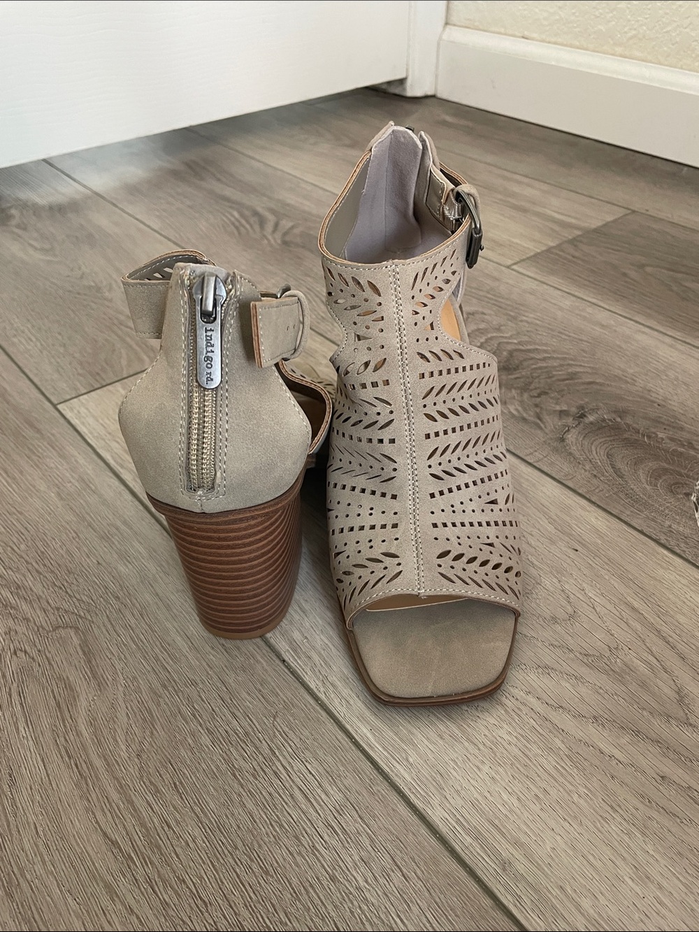 Indigo Perforated Taupe Suede Block Heel Mules